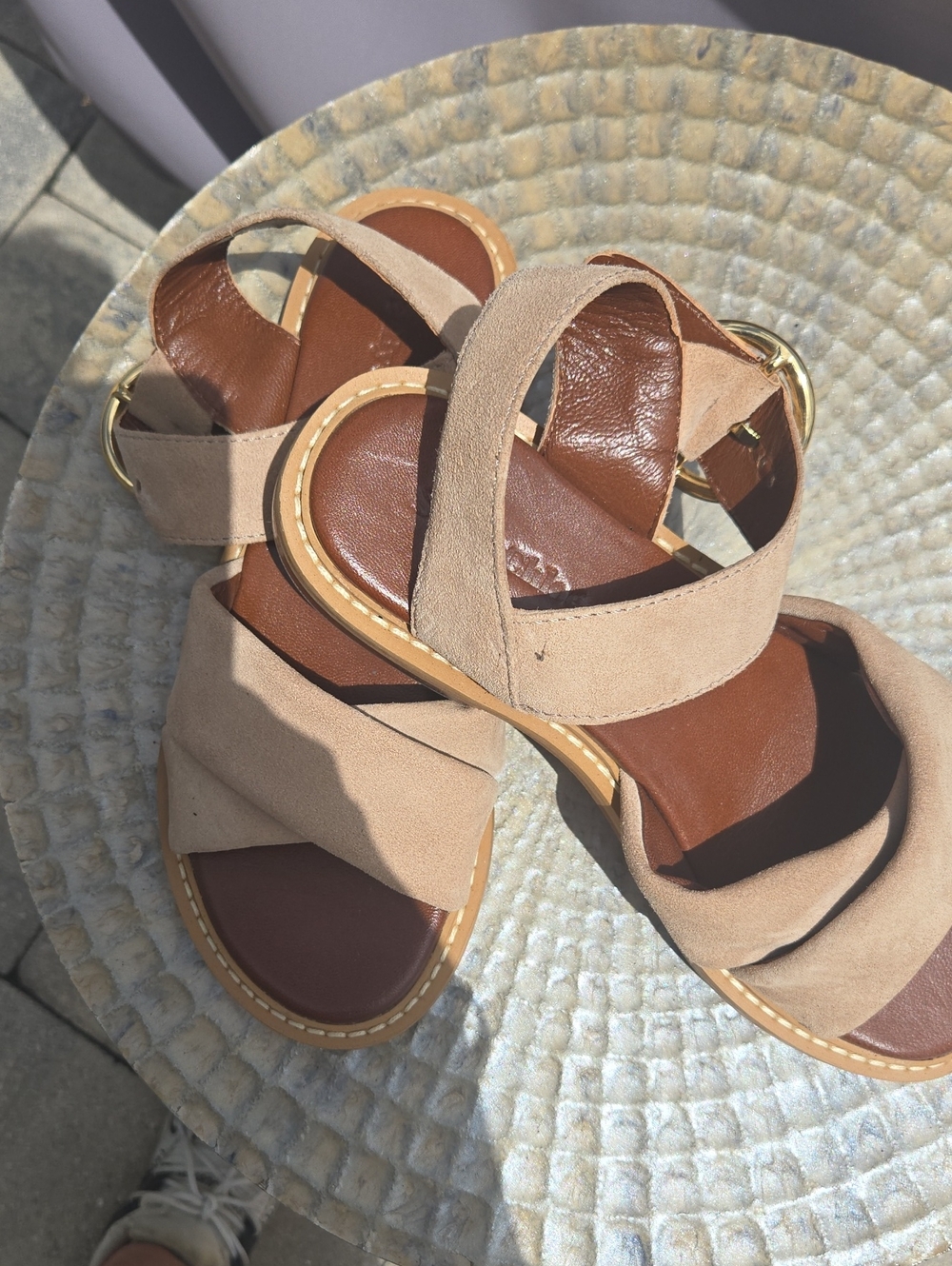 See By Chloe Tan Suede Cross-Strap Sandals with Gold Buckle